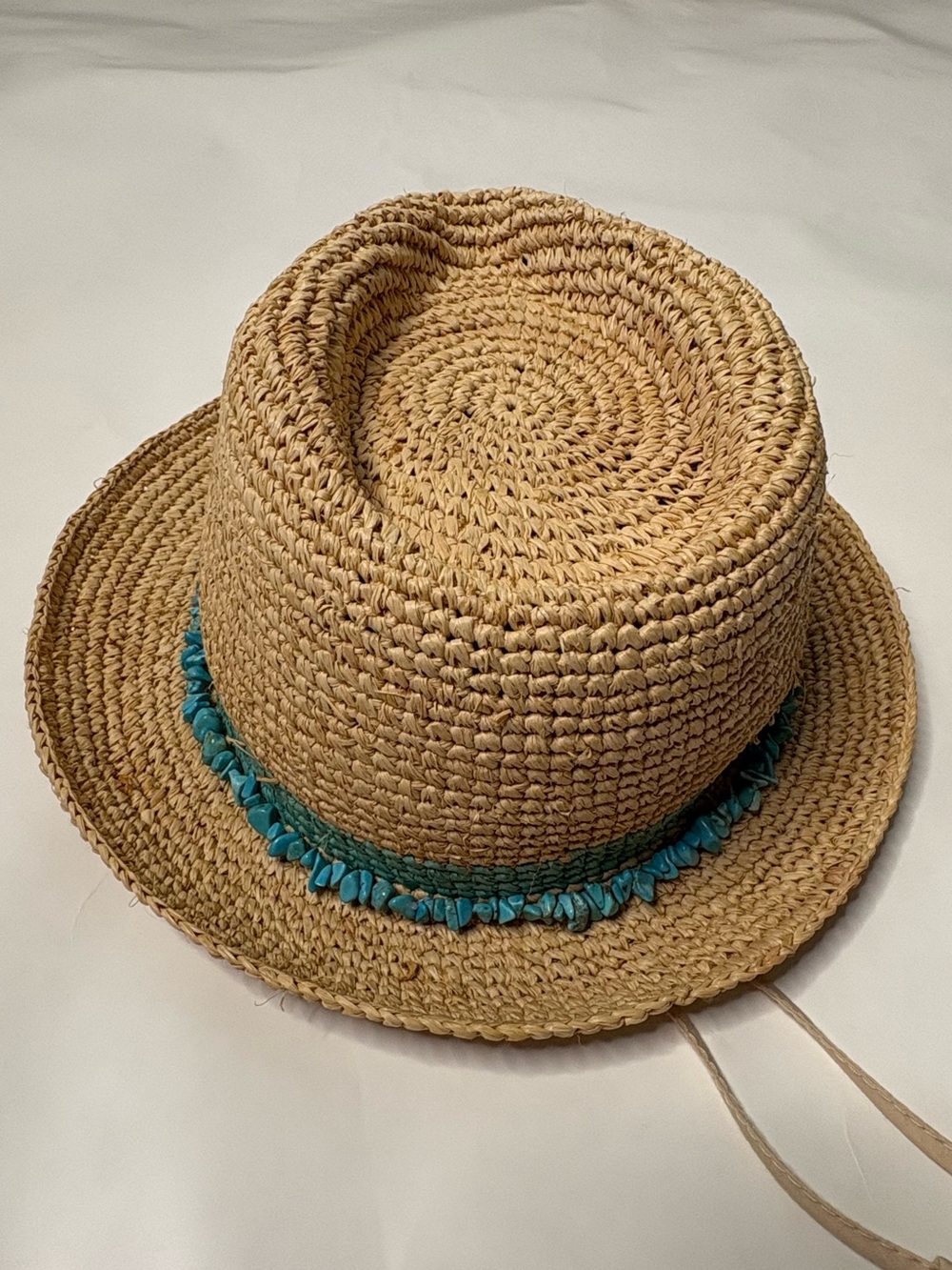 Wallaroo Raffia Tahiti Handwoven Straw Fedora Sun Hat Turquoise Bead Trim - Picture 8 of 8